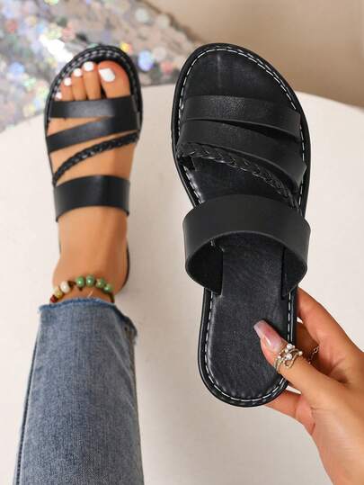 大码轻便休闲绑带凉鞋，女士编织平底拖鞋