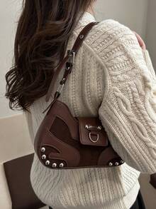 新款个性机车包，时尚铆钉甜美法棍包，复古撞色通勤休闲女式单肩包，模压拼接便携轻巧腋下包，适合女性约会、购物、通勤、户外、办公、工作、商务、送礼、生日等场合，日常使用佳品。 - 咖啡 - 查看 9