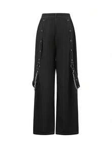 Jeans cargo de mujer, pantalones casuales sueltos con cierre de botón y cremallera a rayas, con bolsillos, estilo urbano - negro puro - Ver 7
