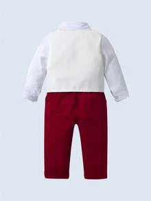 BOARNSEORL 三件套男童绅士西装套装：白色衬衫配领结、马甲和裤子，时尚有型，适合生日派对、婚礼、庆典、洗礼、节日等场合。 - 酒紅色 - 查看 4