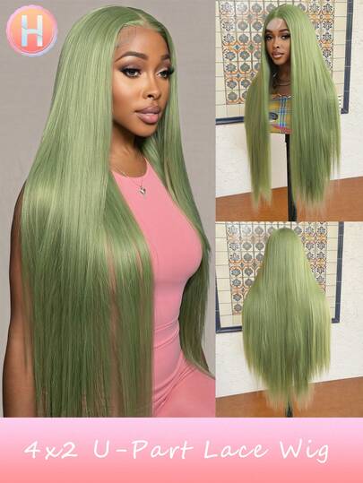 Synthetic Heat-Resistant 4x2 U-Shaped Lace Wig, No Bangs, 32 Inches, Extra Long Straight Hair, Naturally Soft, Olive Green Realistic Wig, Easy To Wear, Synthetic Fiber Material, Heat-Resistant, Naturally Realistic, Suitable For Girls' Gatherings, Role-Playing, And Daily Wear