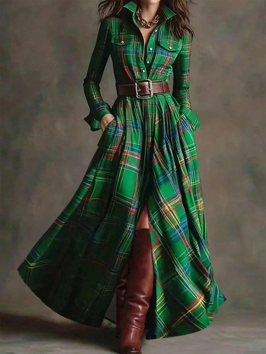 Vestido largo de moda de otoño/invierno para mujer con diseño de cuadros multicolor retro, diseño de falda oversize, vestido camisa con botones y solapa elegante, opción perfecta para fiestas y eventos (cinturón no incluido)