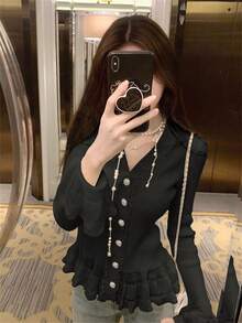Spring New Black Versatile Knit Cardigan For Women, Ruffle Hem, Long Sleeve, Fitted V-Neck Sweater