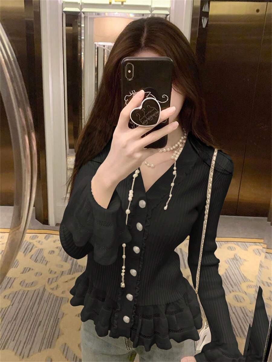 Spring New Black Versatile Knit Cardigan For Women, Ruffle Hem, Long Sleeve, Fitted V-Neck Sweater - Black - View 1