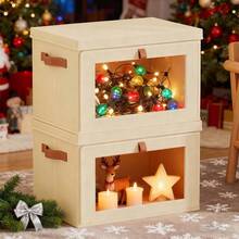 1个大容量透明窗口收纳盒，可折叠衣物分类盒，加厚盖子衣物收纳盒，家居整理，床底收纳 - 米色 - 查看 1