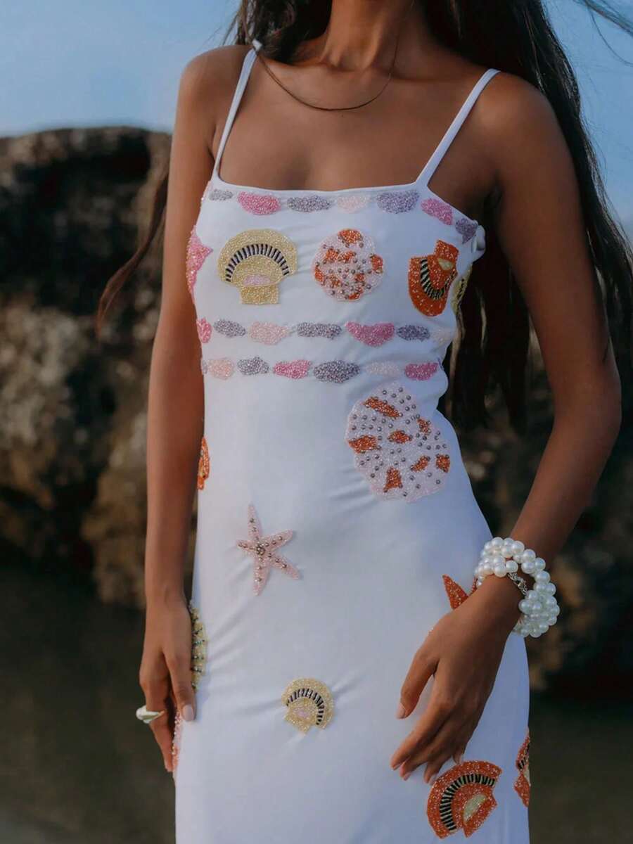 Women Starfish Shell Printed Maxi Dress Spaghetti Strap Scoop Neck Backless Bodycon Long Dress Y2k Summer Slim Fit Tight Party Vacation Beachwear Sund - 白色 - 查看 1