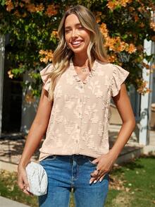 Summer Boho V Neck Floral Ruffle Cute Sweet Casual Beach Vacation Outfits Blouse - Màu be - Xem 3