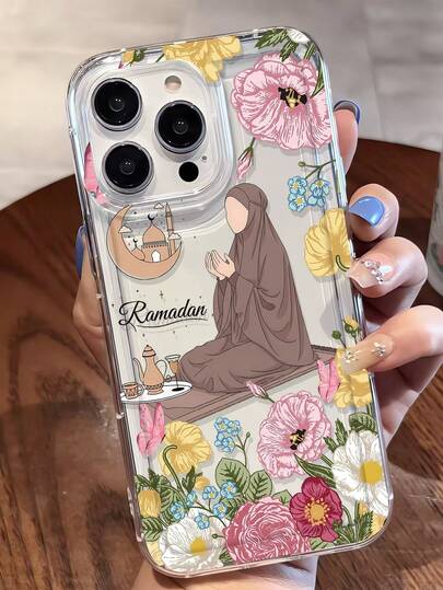 1pc Ramadan Floral Prayer Girl Graphic Transparent TPU Shock-Absorbing Anti-Scratch Fingerprint-Resistant Phone Case, Compatible With IPhone 16/16Pro/16Plus/15/15ProMax/15Pro/11/12/13/14ProMax/11Pro/11ProMax/12Pro/12ProMax/13Pro/13ProMax/14Pro/14ProMax, Fashionable & Creative