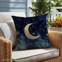 MEMNUN 1个开斋节快乐枕套，海军蓝、金色花卉和新月图案，绒面天鹅绒材质，单面印花，适合卧室、客厅装饰，四季皆宜，是馈赠佳品，尺寸：17.7*17.7英寸（45*45厘米）/19.69*19.69英寸（50*50厘米）/15.75*15.75英寸（40*40厘米） - 彩色 - 查看 7