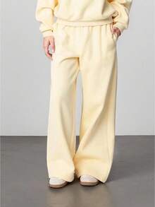Women's Track Pants Elastic Waist Solid Color Causal Wide Leg Lounge Trousers With Pockets - 淺黃色 - 查看 1