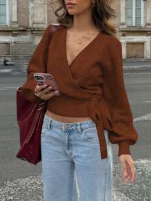 Áo len dài tay HoloChill nữ màu trơn, kiểu dáng thường ngày, thắt eo và nơ, mẫu mới đa năng cho mùa hè 2026. - Rỉ Nâu - Xem 3