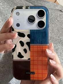 奢华可爱奶牛纹格子拼接磁吸手机壳，兼容 17 Pro Max、17 Pro、16、13、14、15、11、12 Pro Max、16、15、14 Plus、13 Pro、17 Air，时尚艺术格子无线充电软壳保护套 - 拼接 - 查看 3