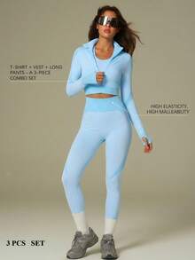 UONNOU 三件套女士运动服套装，包括文胸+长袖上衣+长裤塑形套装，女士户外休闲服，运动服，塑形服，紧身服，夹克款式，机车风格，立领，全开拉链，运动拇指孔设计，交叉肩带文胸背心，超短塑形上衣，提臀，收腰收腹，塑造腿部线条，让您看起来更苗条，运动紧身长裤，高弹力高塑形，蜂窝无缝针织柔软面料，适合运动和户外活动、瑜伽、健身、跑步、休闲日常、通勤、聚会和节日等，时尚运动户外套装，适合所有季节，秋冬春秋皆宜。 - 天藍色 - 查看 3