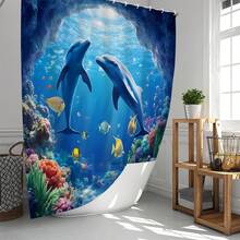 1pc/3pcs/4pcs Underwater World Dolphin Multifunctional Bathroom Decor Shower Curtain Set, Free 12 Hooks Included, Elegant Holiday Atmosphere, Bathroom Mat, U-Shaped Floor Mat And Round Toilet Mat, Suitable For All Scenarios Bathroom Set - Multicolor - View 2