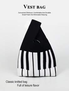 迷你轻便可折叠可爱蓝色树脂镂空透气撞色针织手提包腕包，适合度假、拍照、上学等场合，女士适用 - 黑與白 - 查看 6