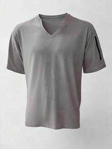 GOLDREDY Herren Mode V-Ausschnitt Strick Weicher Stoff Reißverschluss Dekor Kurzarm Hemd, Retro Streetwear Stil geeignet für Lässig Ausflüge und Pendeln - Hellgrau - Übersicht 2