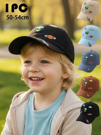 1pc Kids Casual Space Planet & Alien Embroidery Sun Visor Hard Brim Baseball Cap, Suitable For All Seasons