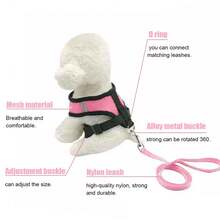 Pet Cat Dog Leash Set With Escape-Proof Adjustable Harness & Collar, Reflective Safety Strap, Soft Breathable Mesh Material - Pink - View 4
