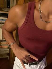Men's Basic Casual Cotton Tank Top, Star Boy Style - 酒紅色 - 查看 4