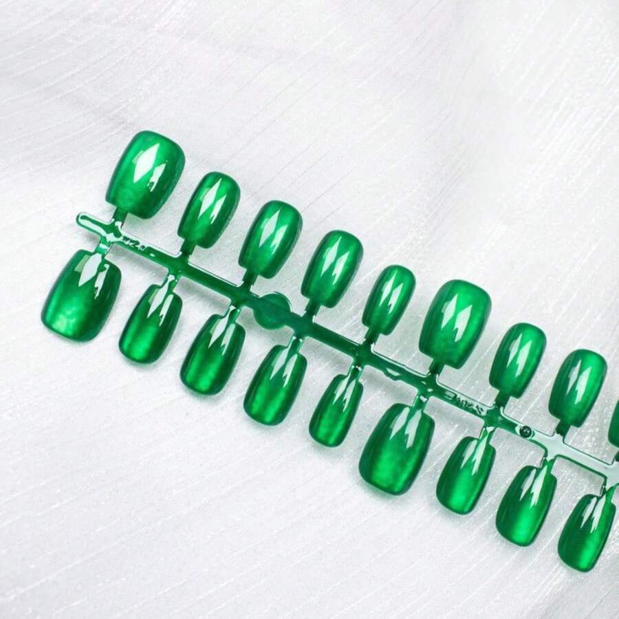 Green Press On Nails Short Square Fake Nails For Cat Eye Jelly False Nails Kit Reusable Glossy Shiny Acrylic Nails Press Ons Dark Green Glitter Magnetic Glue On Nail Stick On Nail Set For Women - MàuP - Xem 1