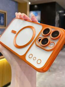 1 Peça Capa de Telefone Magnética Premium Semitraslúcida e Fosca Compatível com Apple 11/12/13/14/15/16/17 Pro Max, Capa Protetora Dura Eletroplantada com Película de Lente - Laranja - Visão 8