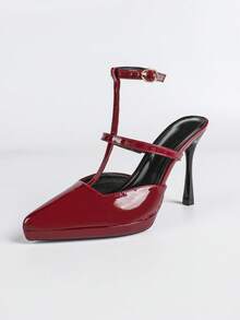 女士尖头厚底闭趾踝带金属扣高跟凉鞋，简约基础款，适合夏秋穿着 - 紅色 - 查看 18