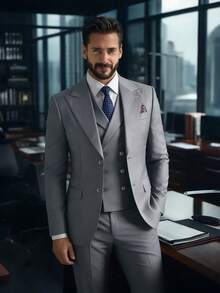 2026 Trending Men's 3-Piece Suit Set - Peak Lapel Blazer, Vest & Dress Pants | Classic Solid Formal Wear For Wedding Guest, Business & Prom (Easy-Care Poly-Viscose Blend) - Xám - Xem 10