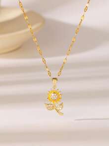 1件时尚欧美风格向日葵镶嵌闪亮锆石设计，不锈钢镀金链项链，适合女性日常佩戴、重要场合、约会、聚会、节日等。 - 金黃色 - 查看 13