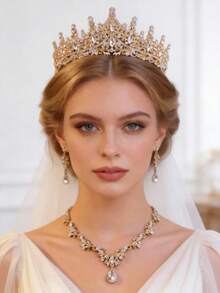 4件套优雅奢华水钻女王皇冠项链耳环新娘婚礼配饰套装，皇冠，头饰，头饰，发饰，花环 - 彩色 - 查看 7