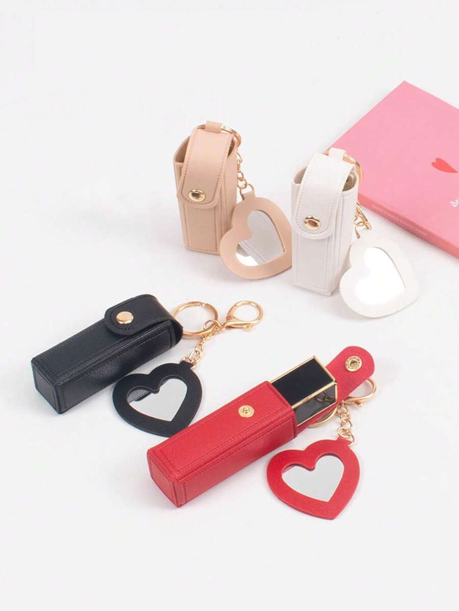 1个创意新款迷你心形镜面口红盒，皮革口红包，钥匙扣挂件，汽车装饰挂件，背包挂饰，时尚钥匙扣挂件，旅行化妆包，零钱包，收纳袋，多功能收纳盒，可装硬币、化妆品、口红、钱包、手提包挂件