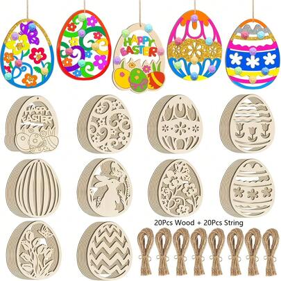 60件DIY木制复活节主题装饰品 | 空白木制工艺品，配有挂绳和麻绳，春季手工工艺标签，尺寸8厘米，易于使用，非常适合复活节家居装饰、吊坠、节日装饰品、工艺品、礼物、经典复活节装饰品、返校礼物