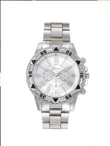 1pc Classic Large Dial Business Fashion Alloy Steel Band Wrist Watch For Men - Silver - View 3