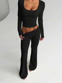 Onicee 女士夏季加大码黑色方领褶皱长袖上衣和裤子套装，适合狂欢节、约会、聚会、派对、旅行、度假、海滩等场合。 - 黑色 - 查看 6