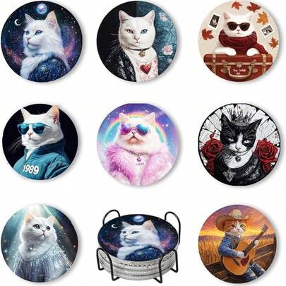 8pcs Diamond Painting Coasters With Stand, Diamond Art Craft Kit, Full Drill Diamond Painting Set For Adult Beginner, Full Drill (Fashionable Cat Shape)