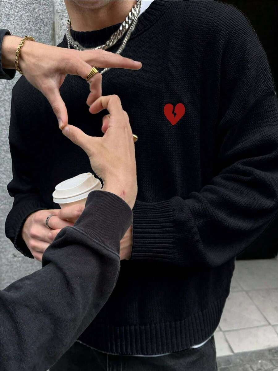 Unisex Casual Loose Fit Long Sleeve Crew Neck Sweater, Romantic Heart Embroidery Design, Fashion Pullover For Spring, Autumn & Winter