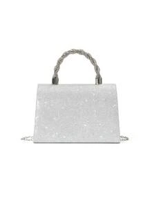 闪亮优雅简约纯色亮片蝴蝶结装饰女士手提包/手拿包，适合派对、婚礼、聚会、情人节约会等场合。 - 銀色 - 查看 6