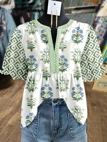 Vintage V-Neck Bell Sleeve Blouse With Patchwork Collar - Short Floral Print Embroidery Top, Spring Summer Casual Elegant Non-Stretch Regular Fit For Dresses Or Skirts (Hand Wash/Dry Clean) - Style Available) - [多色的] - 查看 2