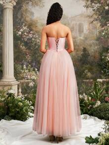 VIPGIRL Đầm dạ hội màu hồng thanh lịch không dây vai, chất liệu lưới, với phần thân áo ôm sát đính hạt, chân váy voan mỏng bồng bềnh, dài đến sàn, đầm dạ hội dành cho nữ, đầm dự tiệc. - Bụi hồng - Xem 2