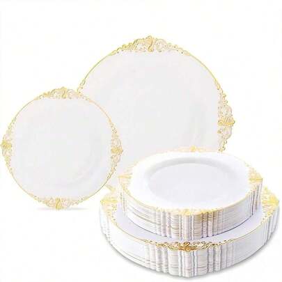 50/25/14/7/1pcs Set White Base Gold Rim Lace Dinnerware, 27cm Dinner Plate/19cm Dessert Plate, White Base With Gold Embossed Dragon Pattern, Reusable Party Plates, Fruit/Cake Trays, Coasters, Space-Saving Stackable, Ideal For Weddings, Parties, Birthday, Garden Parties, Christmas, Thanksgiving Dinners