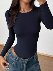 Women Spring Bodysuits For Long Sleeve Shirts Fitted Basic Ribbed Layering Bodys Tops Fall Fashion Winter Clothes Navy Blue Vacation Rompers Outfits For Women - Navy Blue - View 6