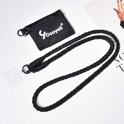 一套黑色编织尼龙手机挂绳+方形钱包零钱包耳机卡包，男女通用，兼容安卓及大多数智能手机，送给母亲、家人、朋友的礼物，生日、节日手机链