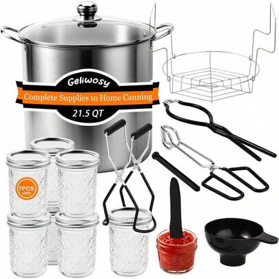 Canning Supplies Kits With 21.5 Qt Canning Pot, 7pcs Jars, Tongs, Stainless Steel Jar Rack, Funnel, Lid Lifter Bath Canner Set
