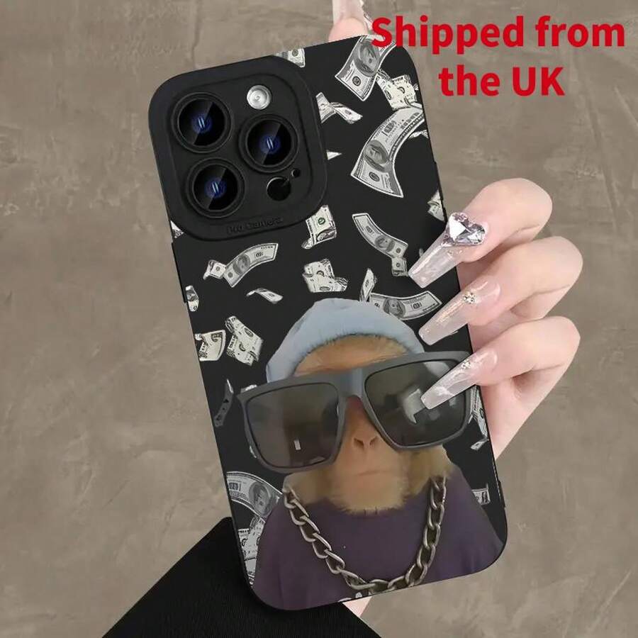 Monkey Pattern Phone Case, Cute Monkey Design Phone Protective Cover, Phone Accessory Compatible With IPhone 11 12 13 14 15 16 Pro Max, Casing - Black - View 1