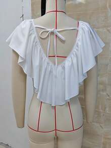 Women Y2K Ruffled V Neck Crop Top Frill Trim Tie Back Summer Going Out Top Vintage Boho Blouse Shirt Streetwear - 白色 - 查看 8
