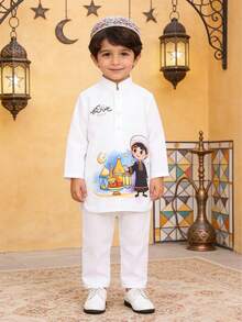 Ramadan Limited Edition Spring New White Long Sleeve 2 Pieces Set For Baby Boys, Cartoon Boy Print Baby Boy Traditional Festival Outfit - White - View 2