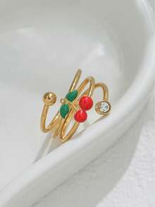 Mazuer 1 Peça Anel de Aço Inoxidável Banhado a Ouro 18K com Design Elegante de Cereja Multicamadas e Cristais, Presente de Joias para Mulheres, Adequado para Encontros e Uso Diário - Cereja 1243 - Visão 3