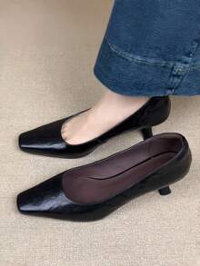 法式方头浅口细跟高跟鞋，简约高端通勤女鞋，优雅真皮高跟鞋，春秋季 - 黑色 - 查看 6