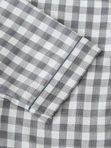 两件套格子印花睡衣套装，甜美可爱翻领纽扣长袖上衣和裤子，女士居家睡衣家居服 - 灰色 - 查看 5