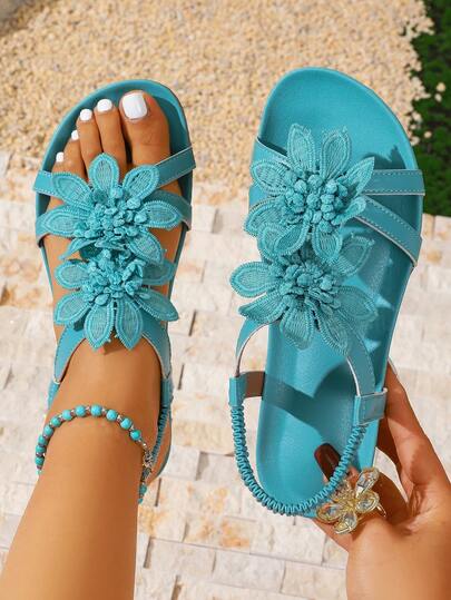 Women's Elegant Sandals, Floral Decor In Cooling Color Tones, Fairy-Tale Summer Style, Open Toe Design, Fabric Upper And Lining, Non-Slip Outsole, Microfiber Insole - Lightweight,Beach Outfits