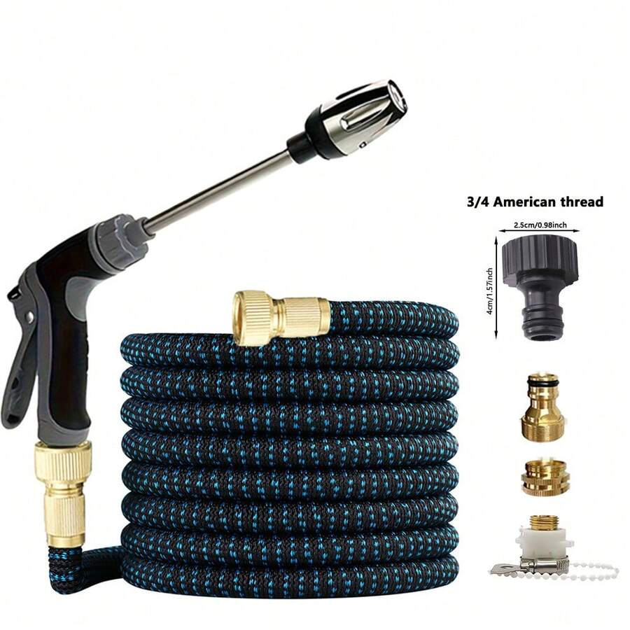 7pcs High Pressure Expandable Water Hose Car Wash Adjustable Water Gun Garden Hose Set, Universal For Europe And America, Home Car Wash Water Gun Hose Garden Expandable Cleaning Watering Spray Nozzle Kit - Dark Blue - View 1
